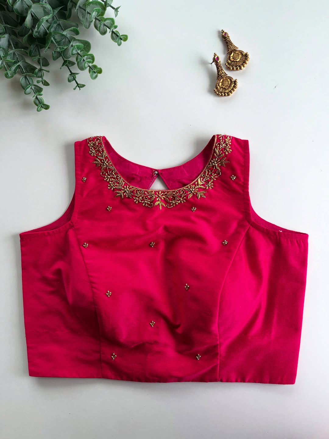 Step into elegance with this stunning designer Raspberry silk blouse, richly decorated (Copy)
