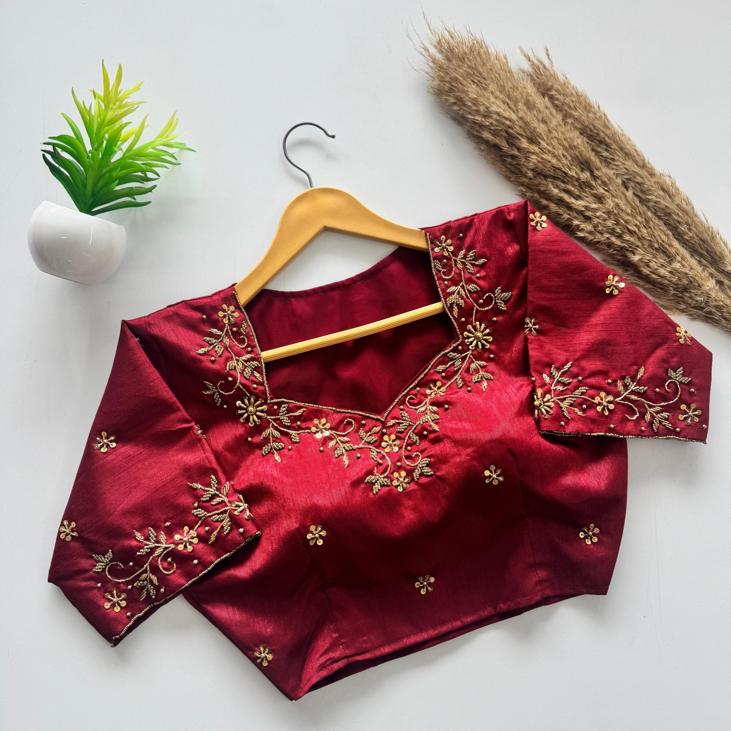 Golden Handwork Kimmora Silk Saree Blouse: Padded Crop Top, 3/4 Sleeve