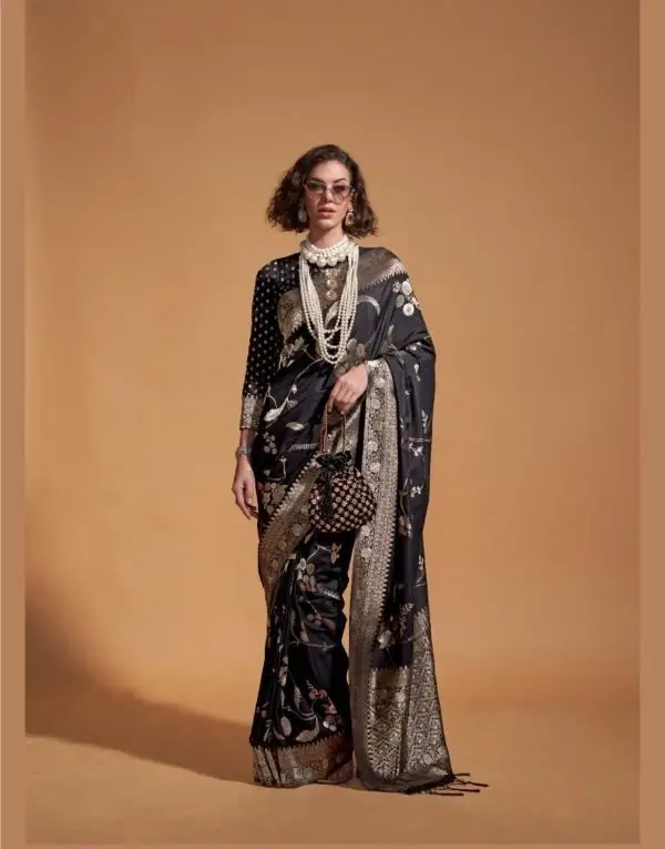 Black Color Pure georgette handloom weaving silk Saree, Crafted premium Saree, Bollywood Saree