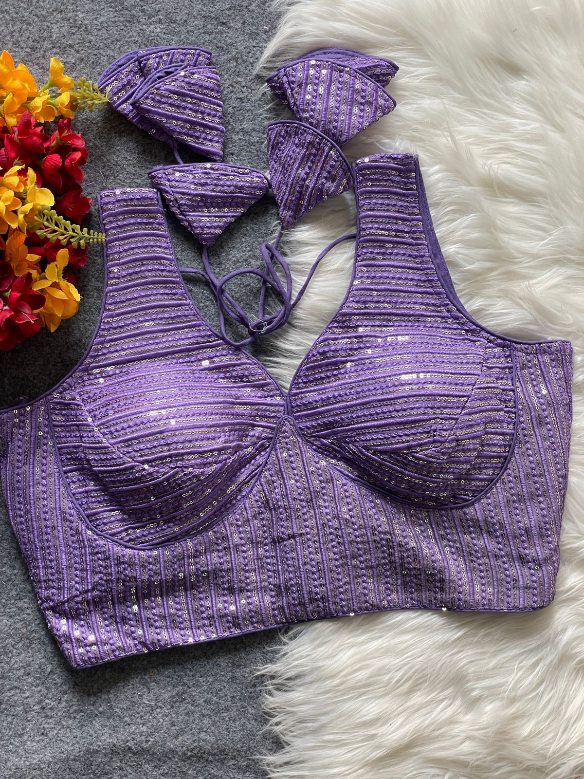 Lavender Ready made Georgette Blouse, Beautiful Blouse, Hevi Thread Embroidery With Sequence Embroidery Work Blouse