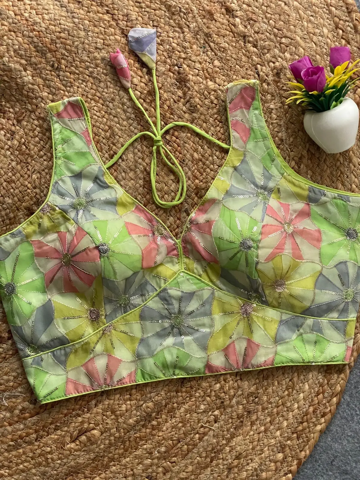 Ready made Crep Blouse, Beautiful Blouse, Printed With Sequence Embroidery Work Blouse