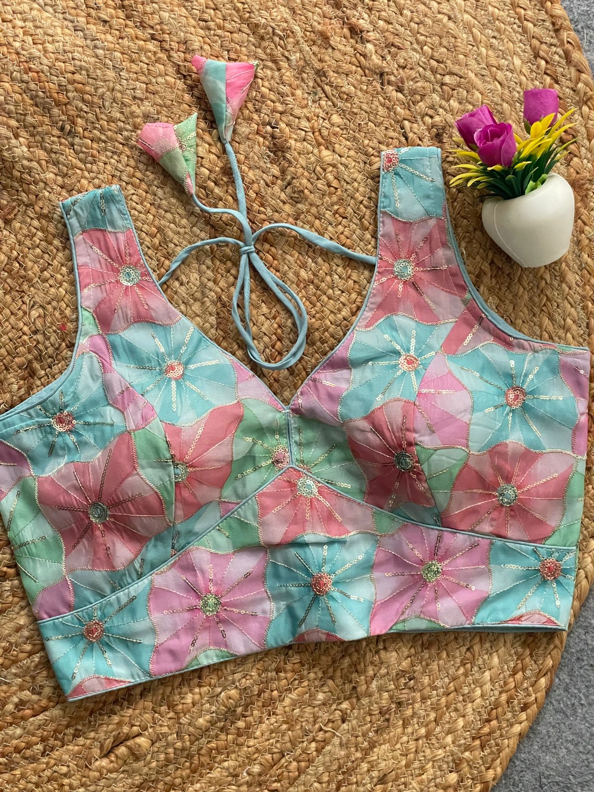 Ready made Crep Blouse, Beautiful Blouse, Printed With Sequence Embroidery Work Blouse