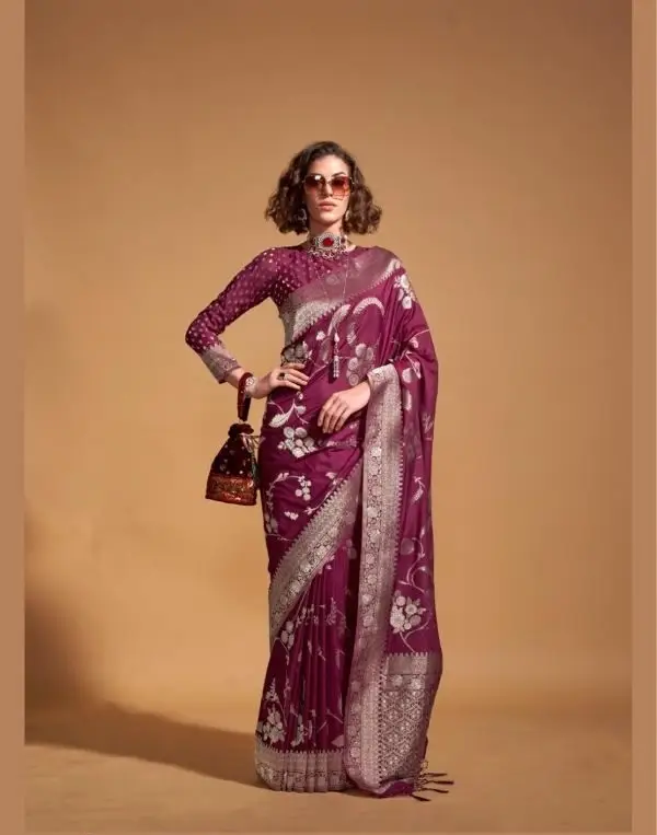Wine Color Pure georgette handloom weaving silk Saree, Crafted premium Saree, Bollywood Saree