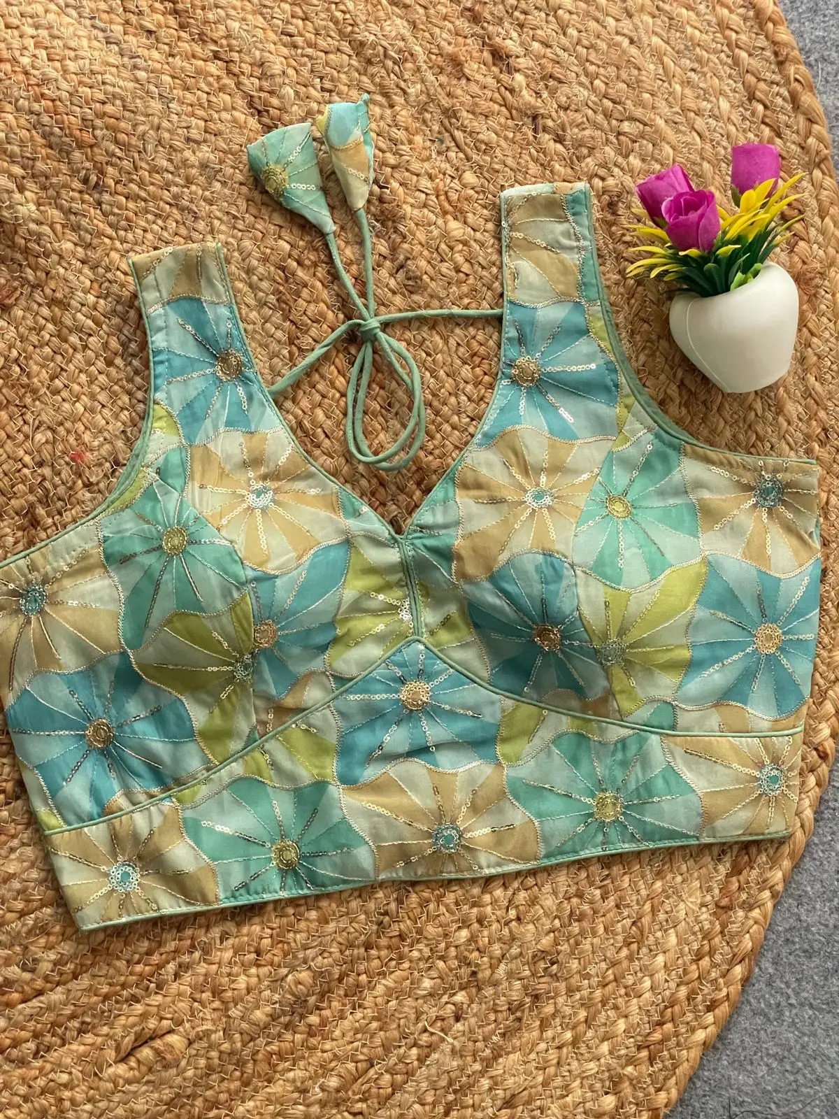 Ready made Crep Blouse, Beautiful Blouse, Printed With Sequence Embroidery Work Blouse