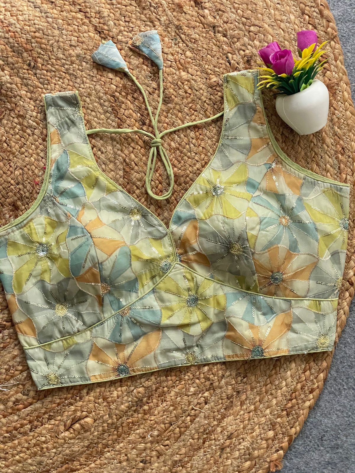 Ready made Crep Blouse, Beautiful Blouse, Printed With Sequence Embroidery Work Blouse