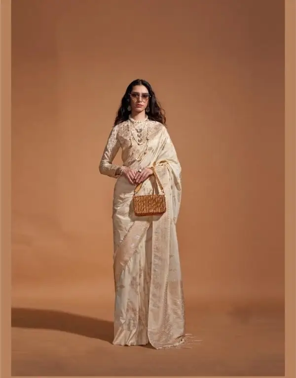 Offwhite Color Pure georgette handloom weaving silk Saree, Crafted premium Saree, Bollywood Saree