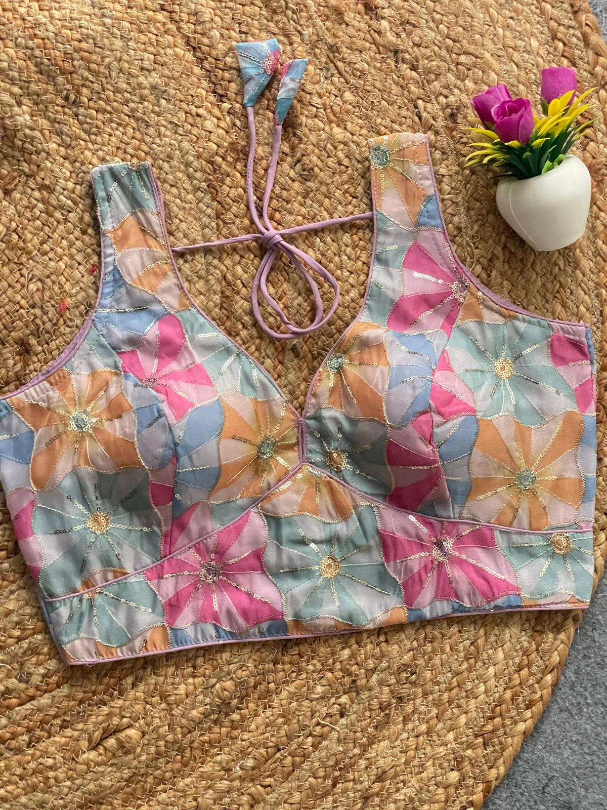 Ready made Crep Blouse, Beautiful Blouse, Printed With Sequence Embroidery Work Blouse