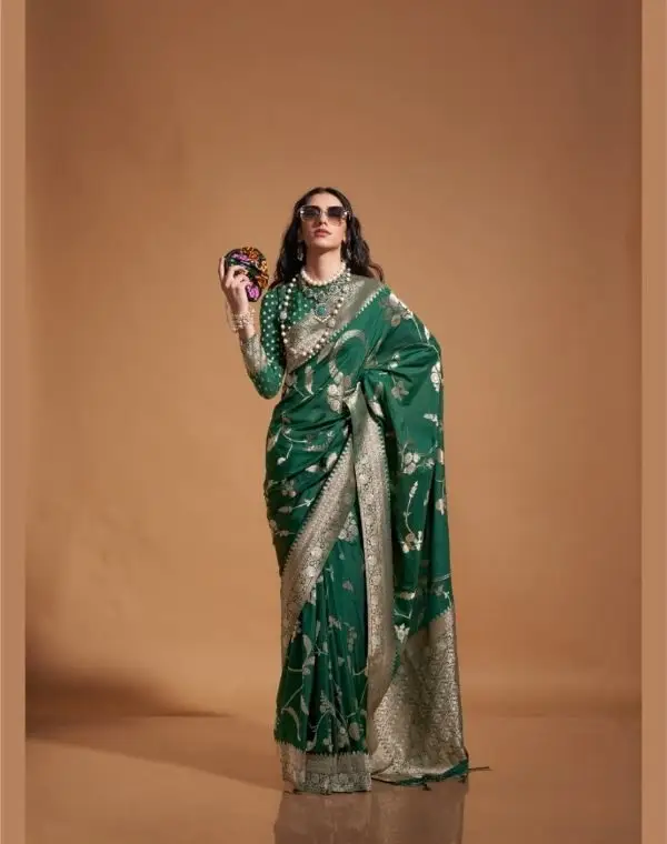 Green Color Pure georgette handloom weaving silk Saree, Crafted premium Saree, Bollywood Saree